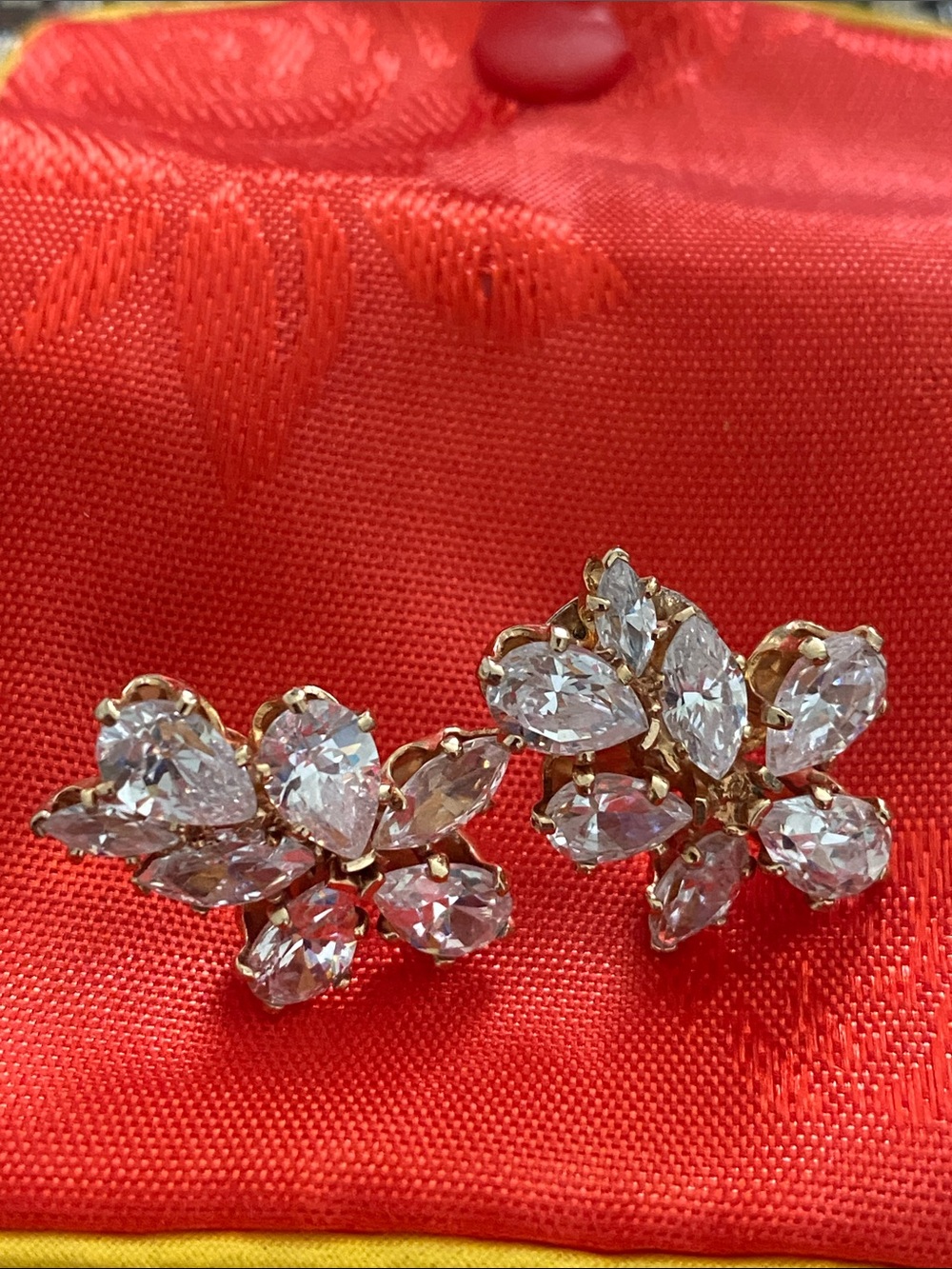 Gold-Tone Clear Crystal Floral Stud Earrings